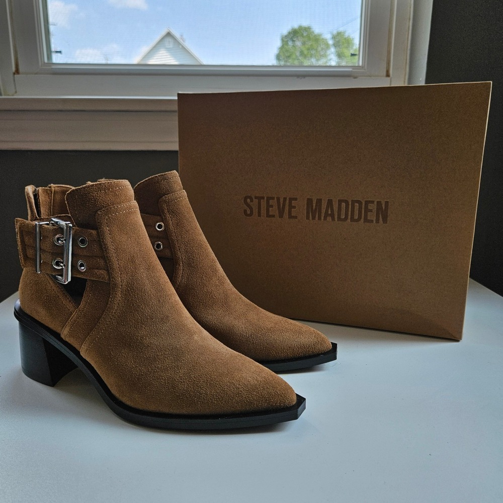 Steve Madden Gatewood Chestnut Suede Ankle Boots Womens 7.5 Heel Buckle Country